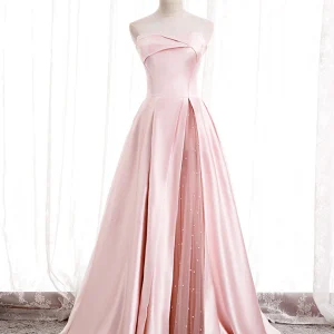 Beautiful Simple Pink Satin Long Prom Dress