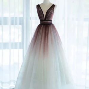 Duik V-hals Tule romantische formele jurk Ombre galajurk