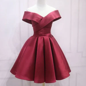 Simple Satin Off The Shoulder Burgundy Short Party Dress Formal Dress