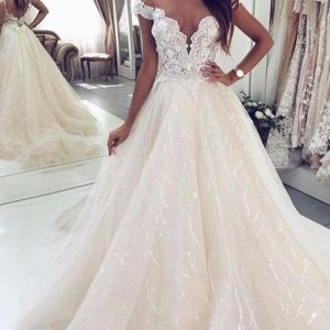 Elegant A-Line Tulle Off-Shoulder Wedding Gown with Open Back Design