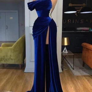 Dark Blue One Shoulder Mermaid Prom Dress with Beads Long Split