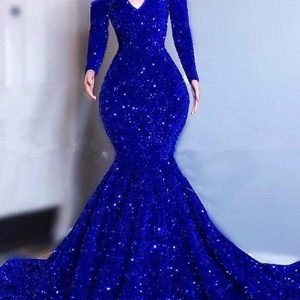 Royal Blue Long Sleeves Mermaid Prom Dress with High Collar and Dazzling Sequins