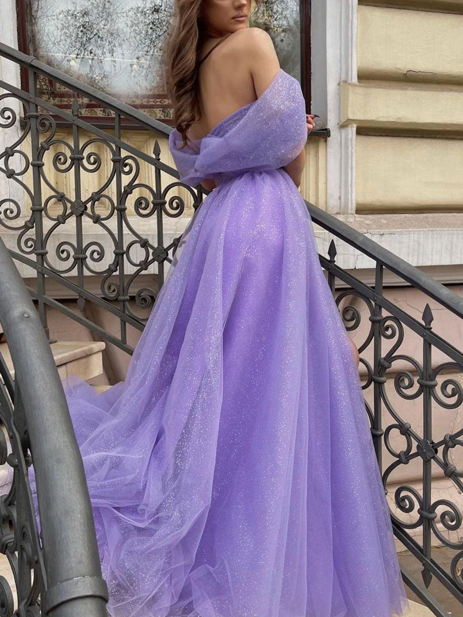 Beautiful Purple Off Shoulder Tulle Long Prom Evening Dress - Afbeelding 4