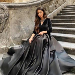 Black Satin Long-Sleeve A-Line Prom Dress with Built-In Bra