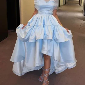 Blue Satin Mid-Length Sleeveless Evening Dress with Built-in Bra