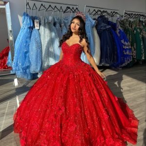 3D rode Quinceañera baljurk met pailletten en tule