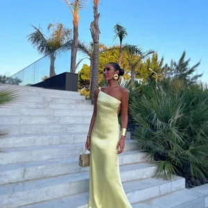 Yellow One Shoulder Straps Prom Dresses Evening Gowns Floor Length Party Wear