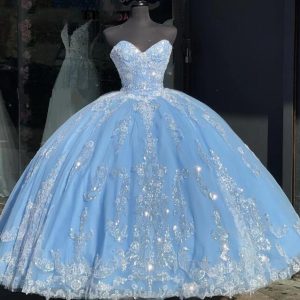 Prinses Sweetheart Baljurk Tule Blauwe Quinceañera Jurk met Vetersluiting