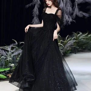 Beautiful Black Tulle Off Shoulder Long Prom Dress Evening Gown