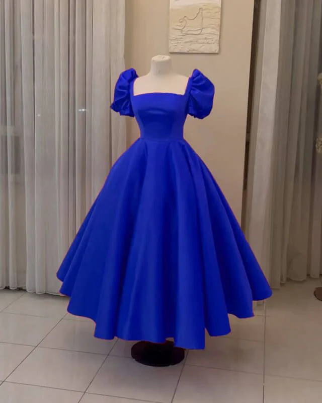Ankle-Length Satin Ball Gown with Puffy Sleeves and Built-In Bra - Afbeelding 3