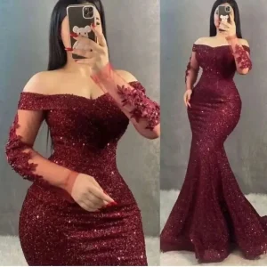 Zeemeermin avondjurk met pailletten, lange mouwen en ritssluiting aan de achterkant