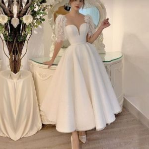 A-Line Tea-Length Lace Wedding Dress with Short Sleeves and Bra