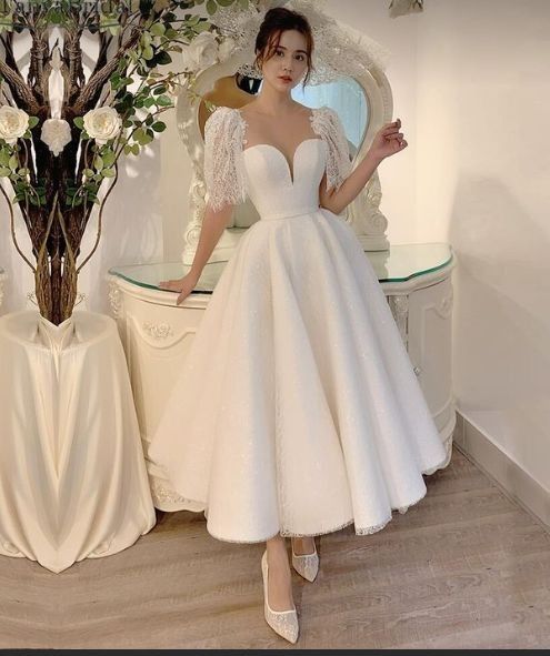 A-Line Tea-Length Lace Wedding Dress with Short Sleeves and Bra