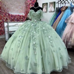 Groene Tule Quinceañera Baljurk Off-Shoulder Applicatie Sweet 16 Jurk