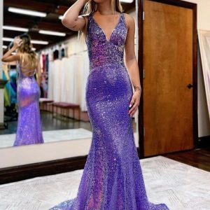 Sequin Sheath Column V-hals Court Sleep Prom Dress Vetersluiting op de rug