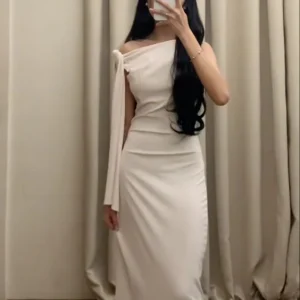 White Satin Sleeveless Long Prom Dress Evening Gown