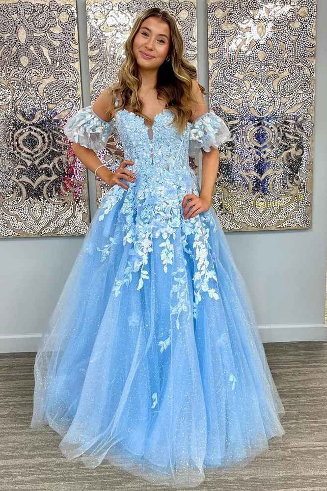 A-Line Appliques Plunge V Tulle Long Prom Dress with Sleeves - Afbeelding 5