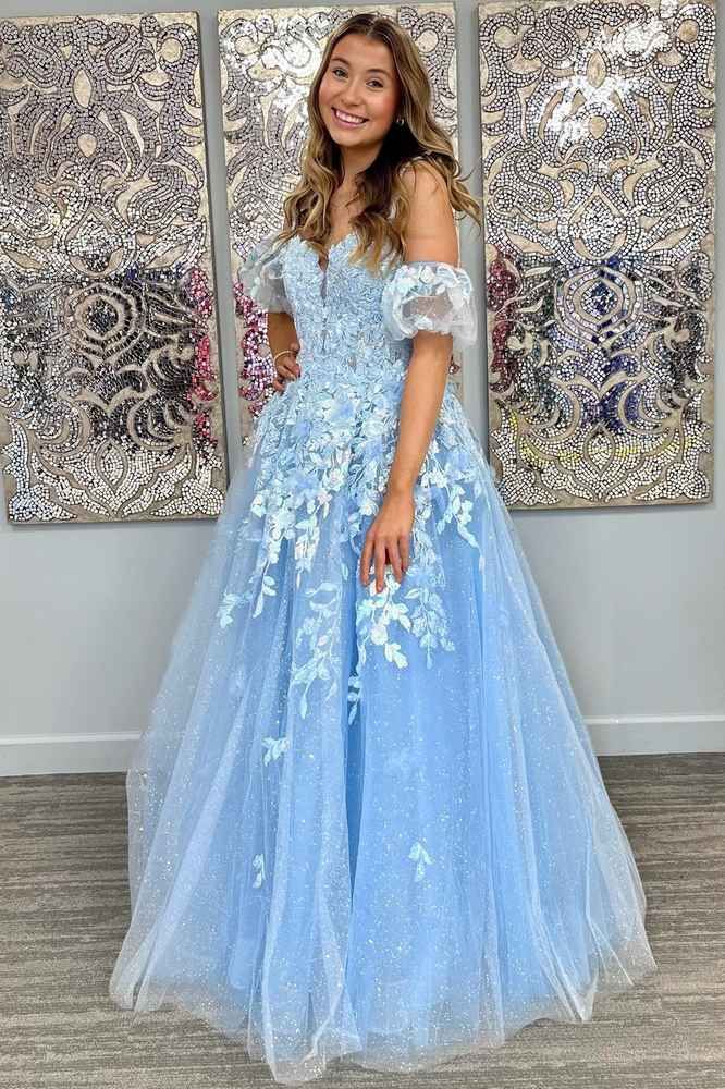A-Line Appliques Plunge V Tulle Long Prom Dress with Sleeves - Afbeelding 4