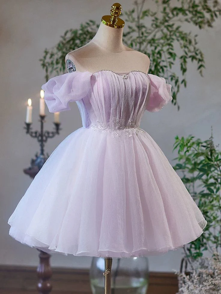 Lilac A-Line Sweetheart Tulle Short Prom Dress Lace-Up Back Homecoming - Afbeelding 3