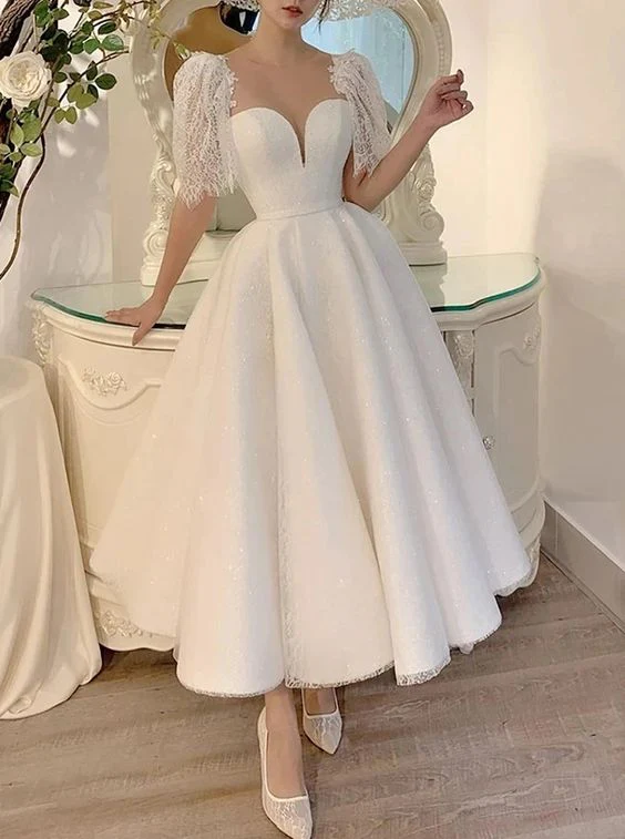 A-Line Tea-Length Lace Wedding Dress with Short Sleeves and Bra - Afbeelding 3