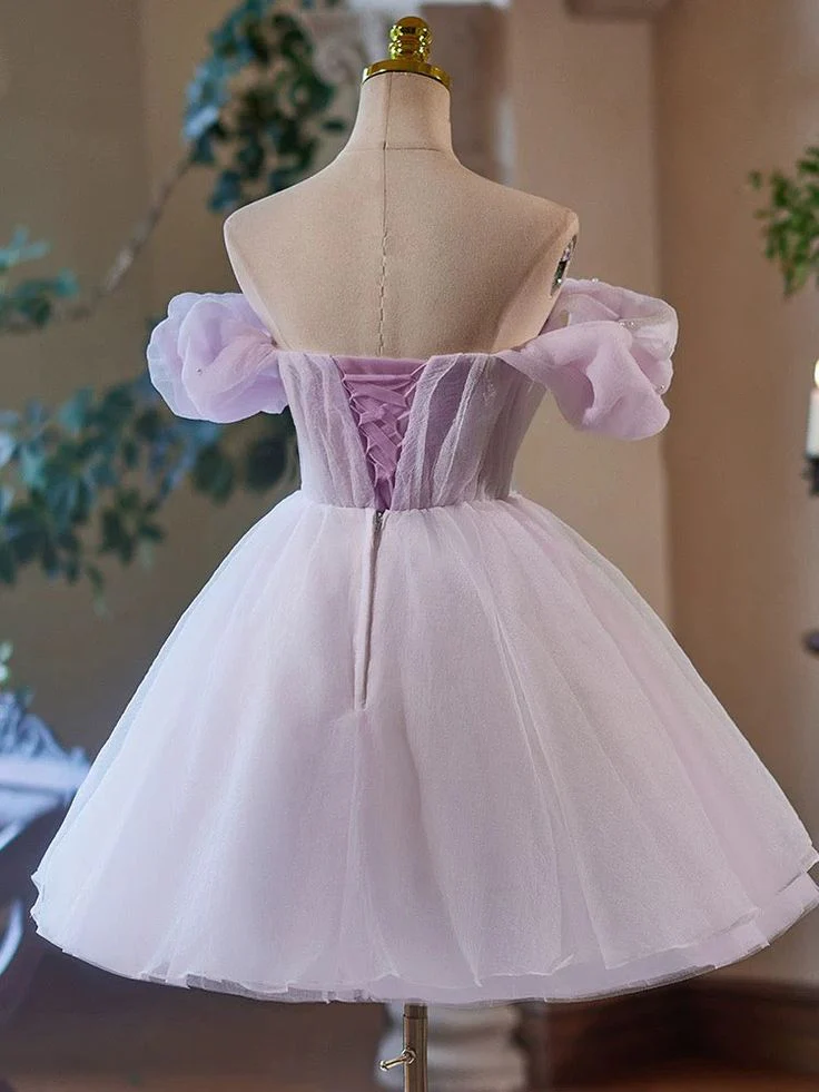 Lilac A-Line Sweetheart Tulle Short Prom Dress Lace-Up Back Homecoming - Afbeelding 5