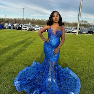 Blauwe Tule Zeemeermin Prom Jurk Mouwloze Ingebouwde BH Avondjurk