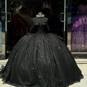 Glanzende zwarte baljurk voor Quinceanera met kralen strik