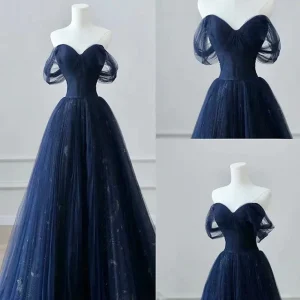 A-lijn off-shoulder tule kant donkerblauwe lange galajurk