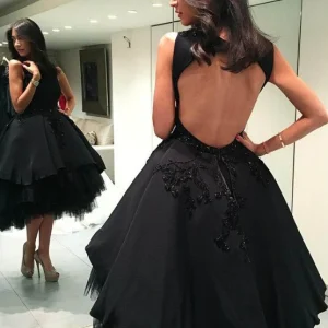 A-Line Black Tulle Backless Knee-Length Satin Homecoming Dress