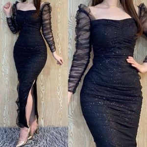 Black Off-Shoulder Shiny Sheath Prom Party Dress with Long Sleeves