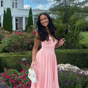 A-lijn roze satijnen V-hals avondjurk formele galajurk