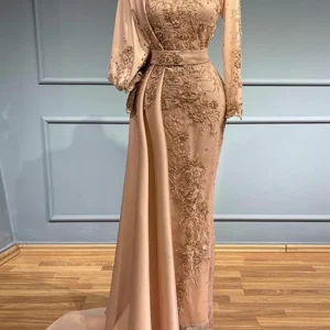 Elegant Gold Appliqued Satin Mermaid Evening Gown with Long Sleeves & Sweep Train