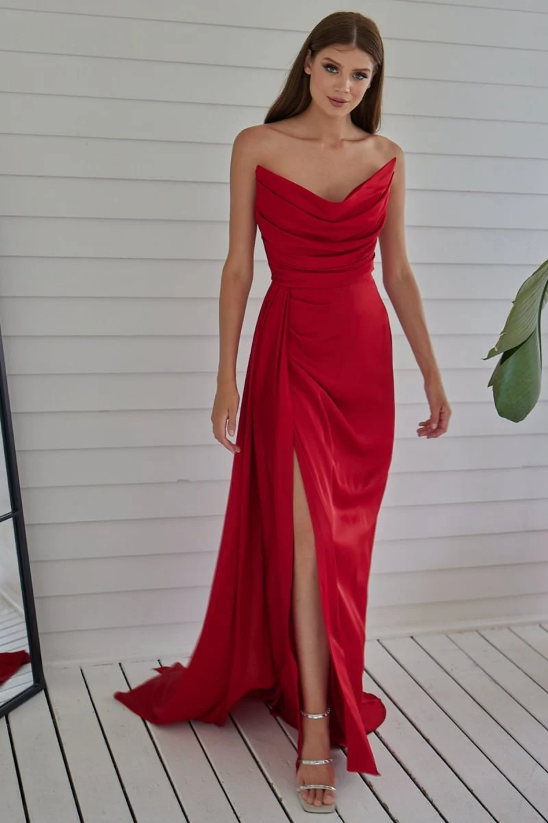 Red Strapless Prom Dress for Women Pleated Mermaid Design Evening Gown - Afbeelding 3