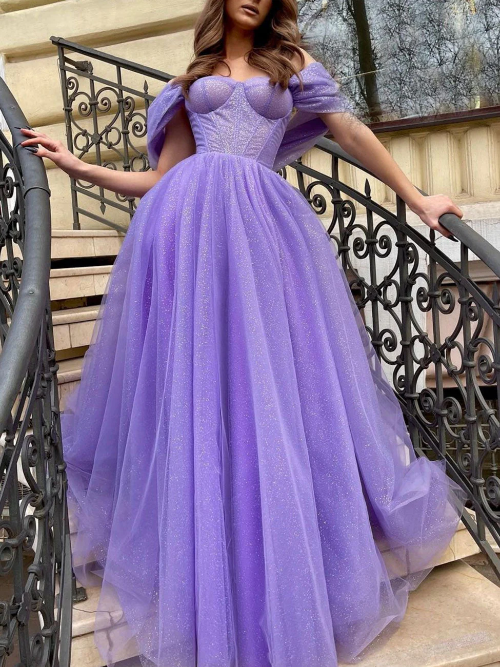 Beautiful Purple Off Shoulder Tulle Long Prom Evening Dress - Afbeelding 3