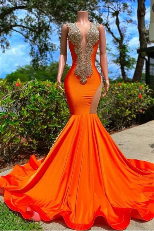 Bright Orange V-Neck Sleeveless Mermaid Prom Dress with Elegant Appliques and Train - Afbeelding 5