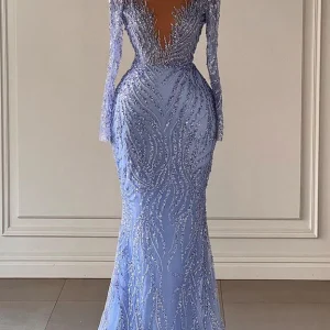 Sparkling V-Neck Long Sleeve Beaded Mermaid Evening Gown for Formal Events