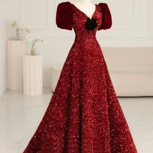 V-neck Burgundy Sequins A-line Prom Dress with Bubble Sleeves