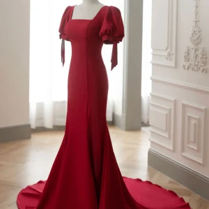 Rode vierkante hals zeemeermin avondjurk galajurk met korte mouwen