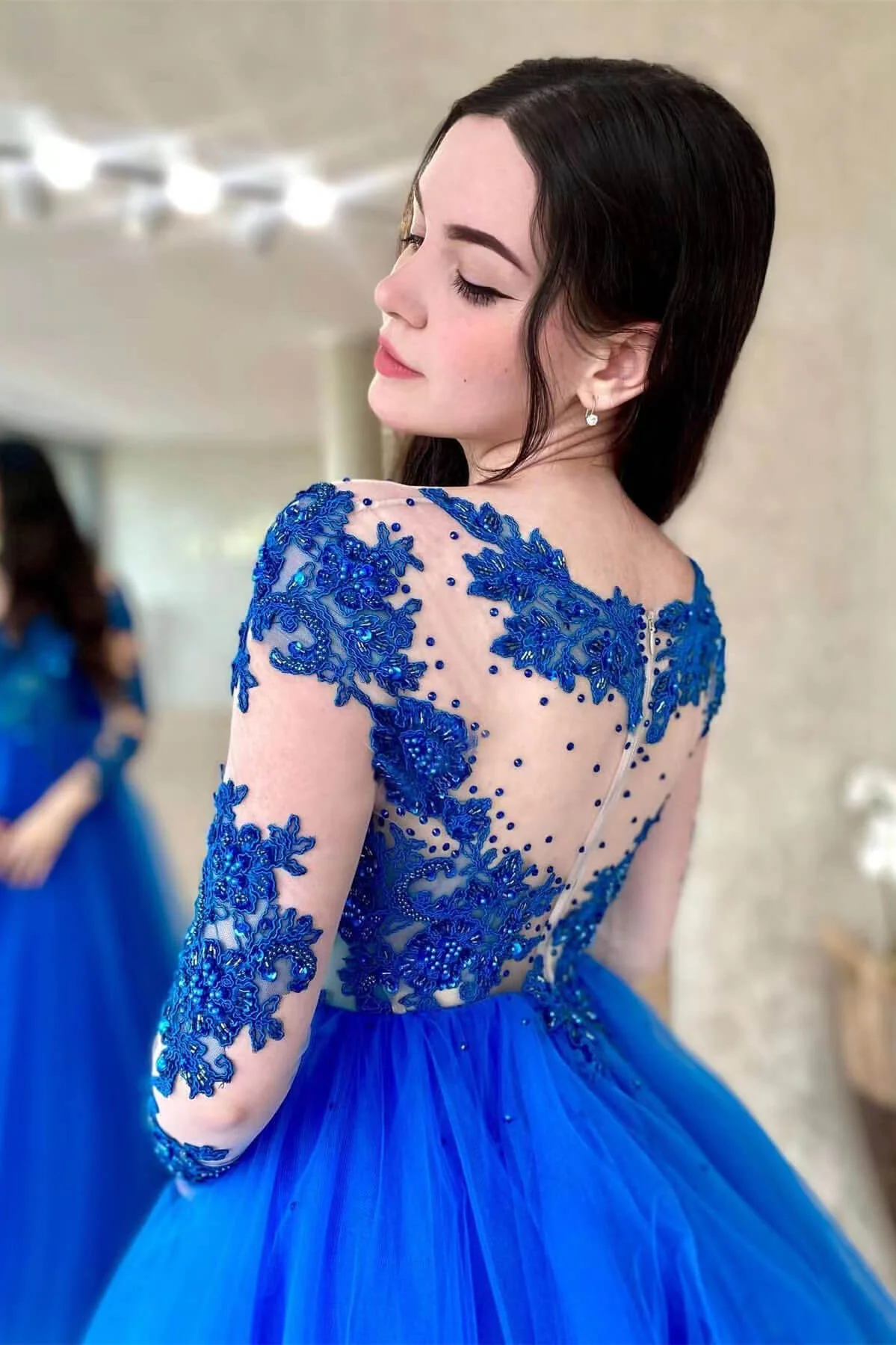 Amazing Royal Blue Long Sleeve Tulle Prom Dress Evening Gown - Afbeelding 4