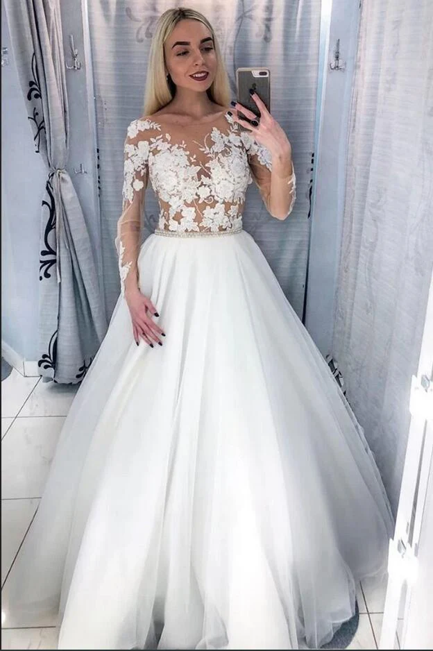 A-Line Crystal Wedding Dress Deep V-Neck Floor-Length with Appliques Lace - Afbeelding 2