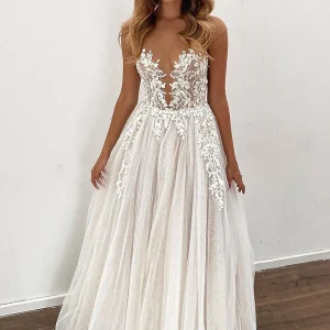 Sheer A-Line Wedding Dress with Tulle Appliqués Floor Length Bridal Gown