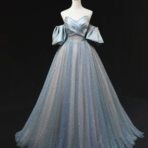 Blue A Line Tulle Long Prom Evening Dress Beading