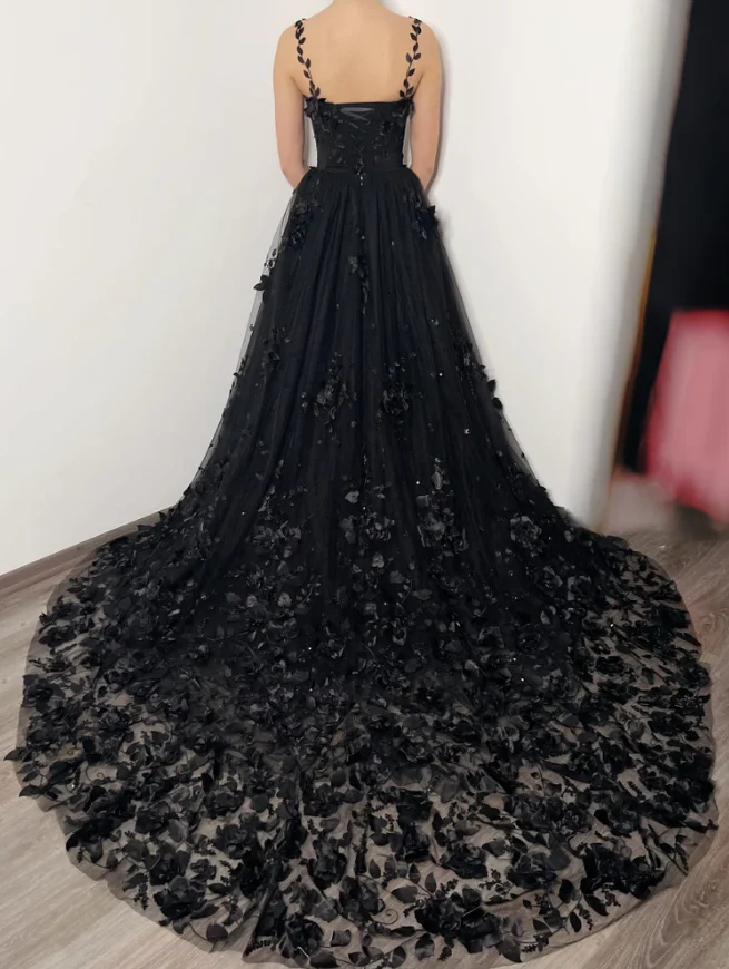 3D Floral Lace Corset Wedding Dress Alternative Bride Fantasy Gown - Afbeelding 3