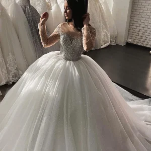 Shimmery Crystal Long Sleeve Ball Gown Wedding Dress with Beading Accents