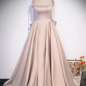 Champagne A-Line Satin Long Prom Dress Champagne Evening Gown