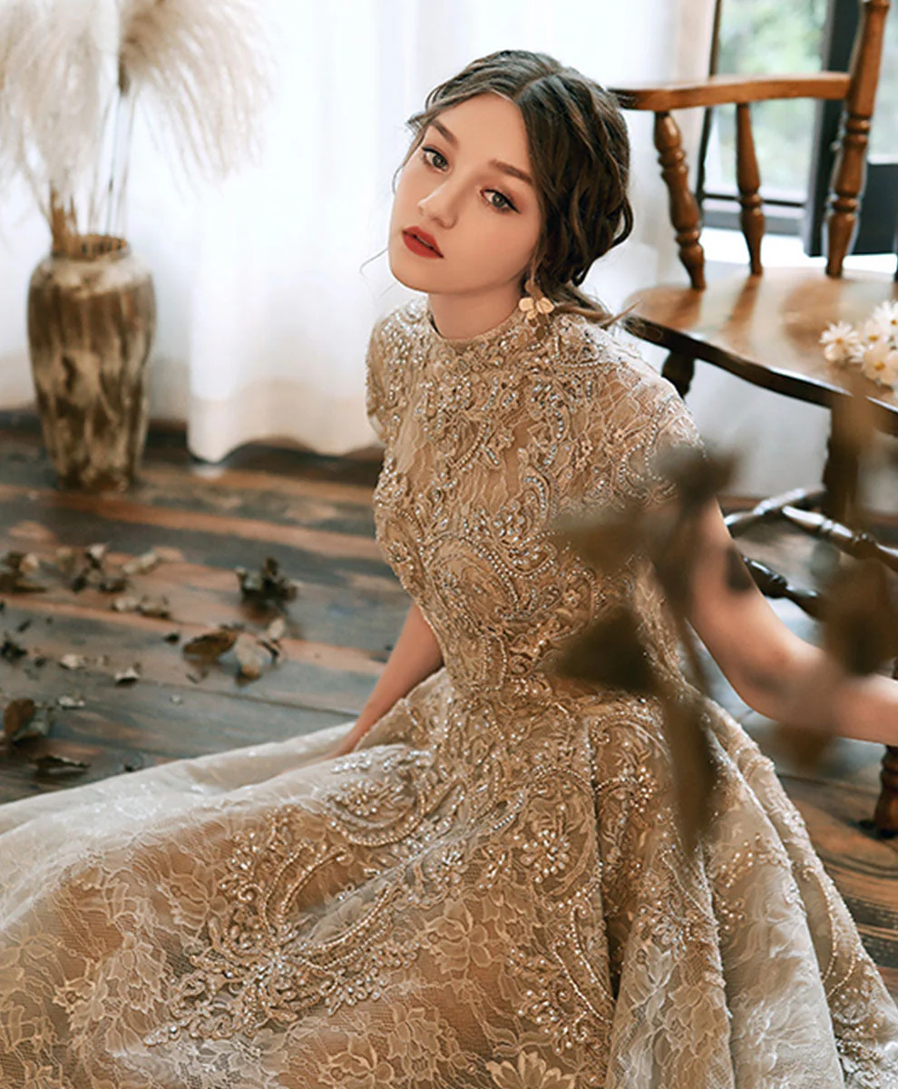 Champagne High Neck Lace Formal Prom Dress - Afbeelding 4