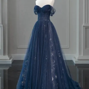 A-Line Off Shoulder Tulle Lace Dark Blue Long Prom Dress