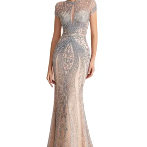 Charming Gold Embellished Long Sleeve Mermaid Evening Dress with Sweep Train