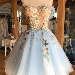 Elegant 3D Floral Lace Blue Short Prom Dress for Graduation & Homecoming