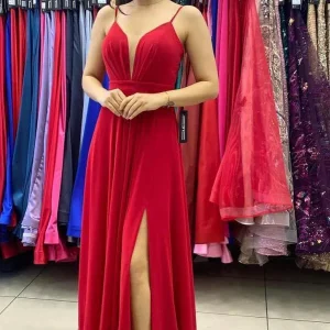 Spaghetti Strap Red Long Prom Dress with Slit Formal Gown